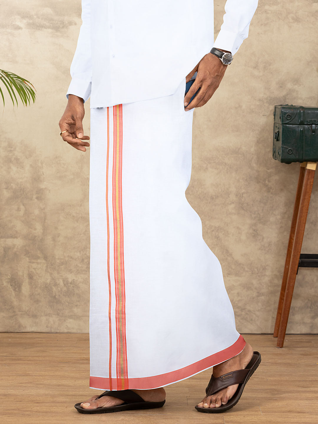 Men Cotton Blend Readymade Double Layer White Dhoti with Fancy Jari Border GFDA02