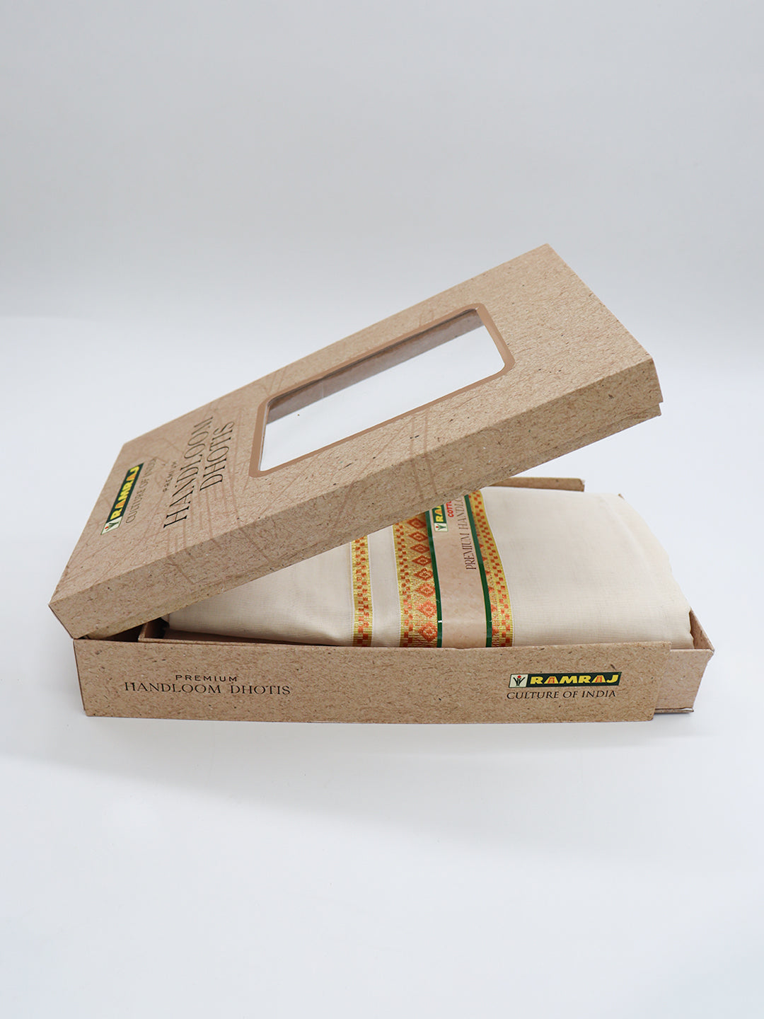 Men Premium Handloom Cream Dhoti with Fancy Jari Border HLM96