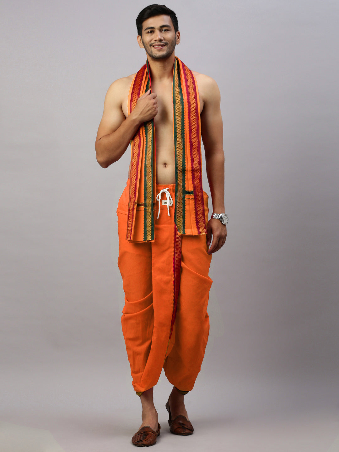 Men Readymade Panchakacham & Towel Set Orange Naivedhya