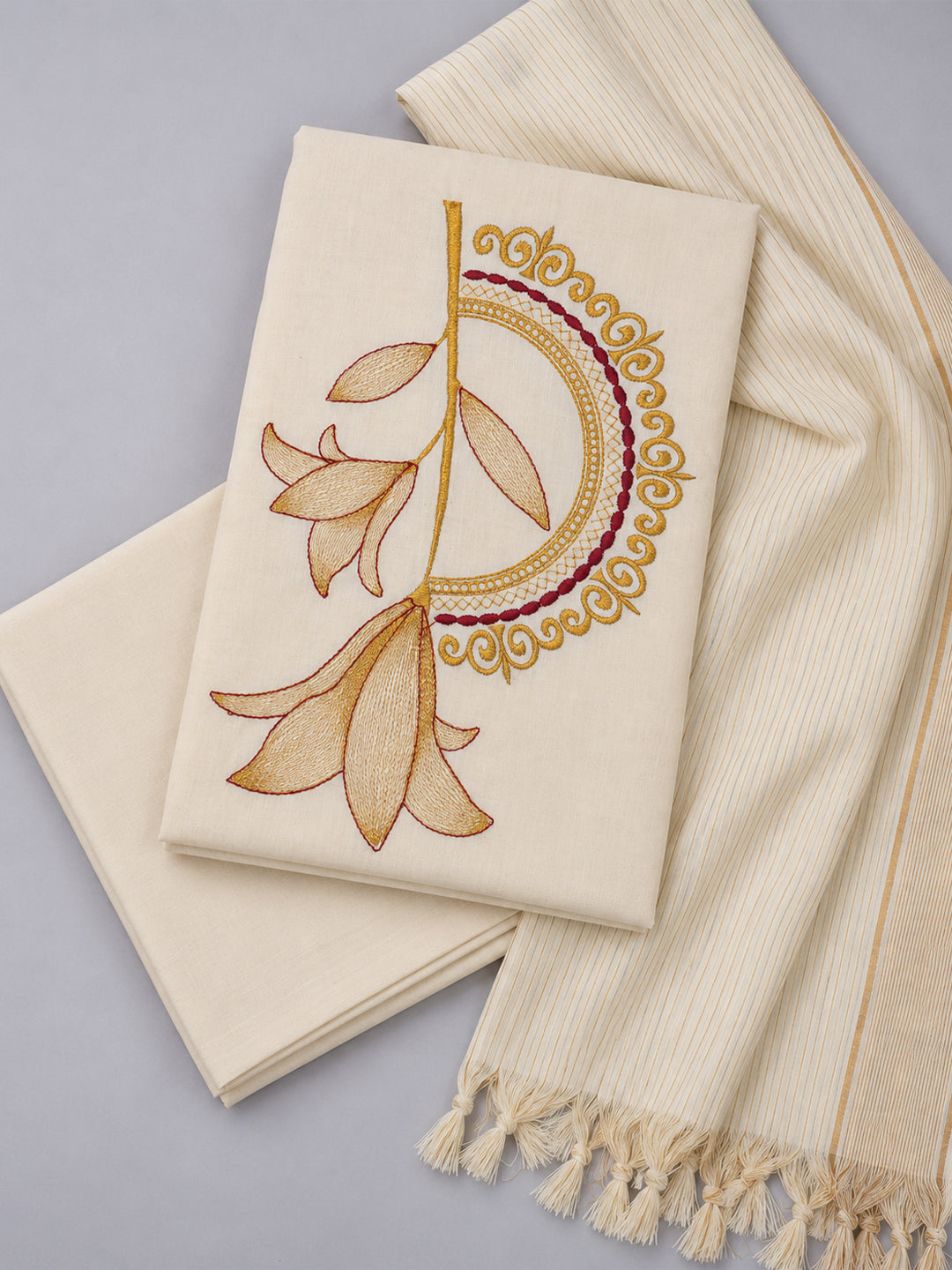 Women Kora Cotton Cream Embroidered Dress Material DM371