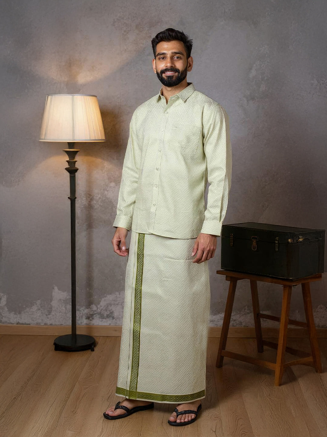 Men Moss Green Tissue Jacquard Full Sleeves Shirt with Matching Dhoti Set MGD12