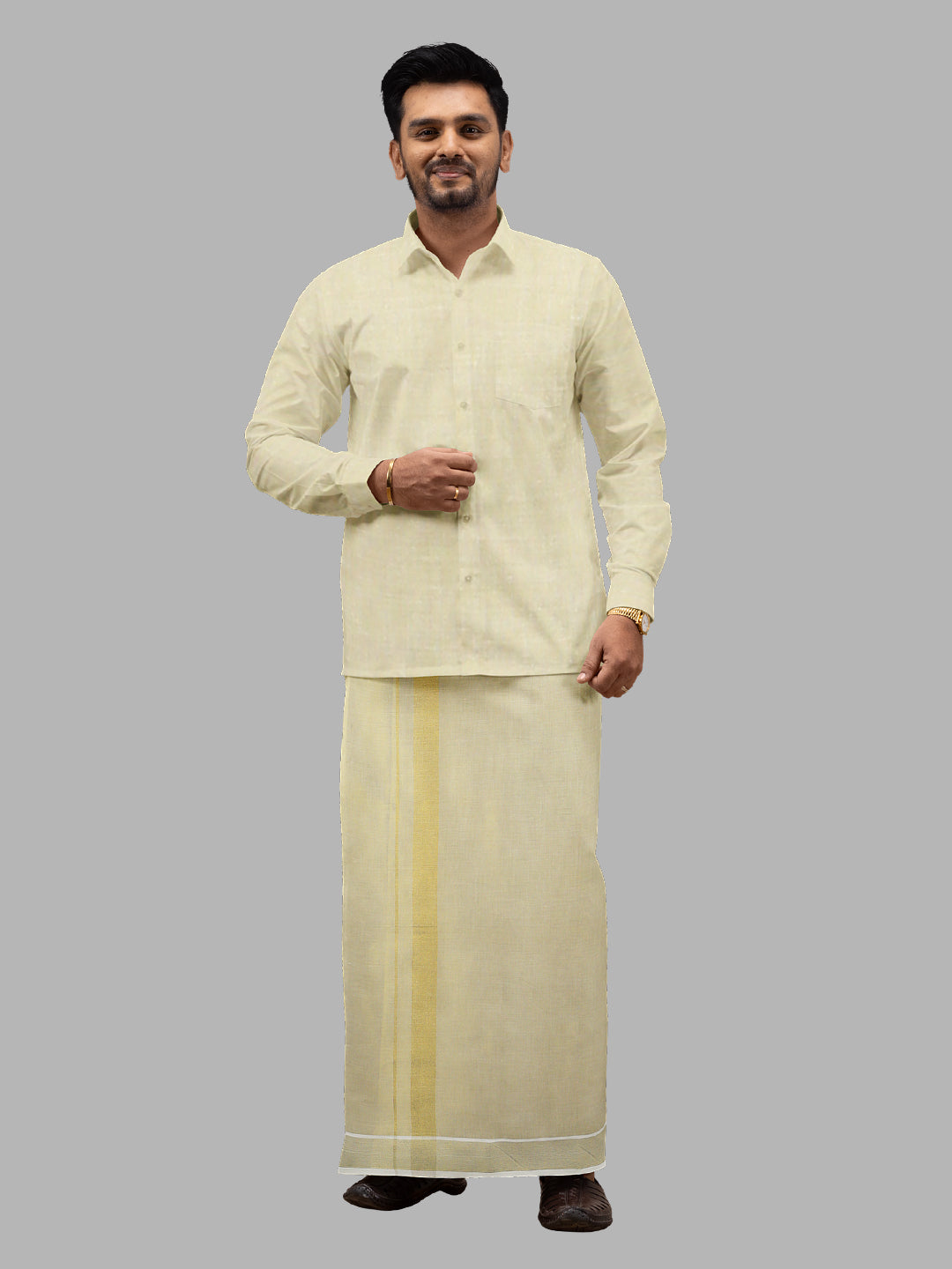 Men Tissue Double Layer Gold Dhoti with Fancy Jari Border