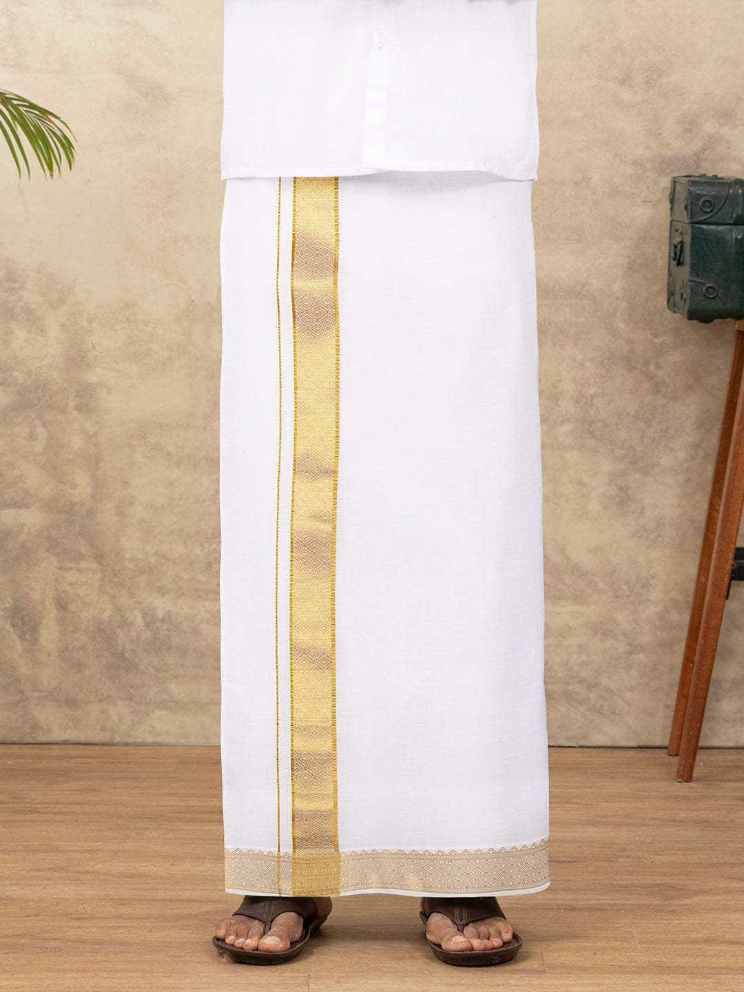 Men Cotton Blend Readymade Single Layer White Dhoti with Gold Jari Border GAA09