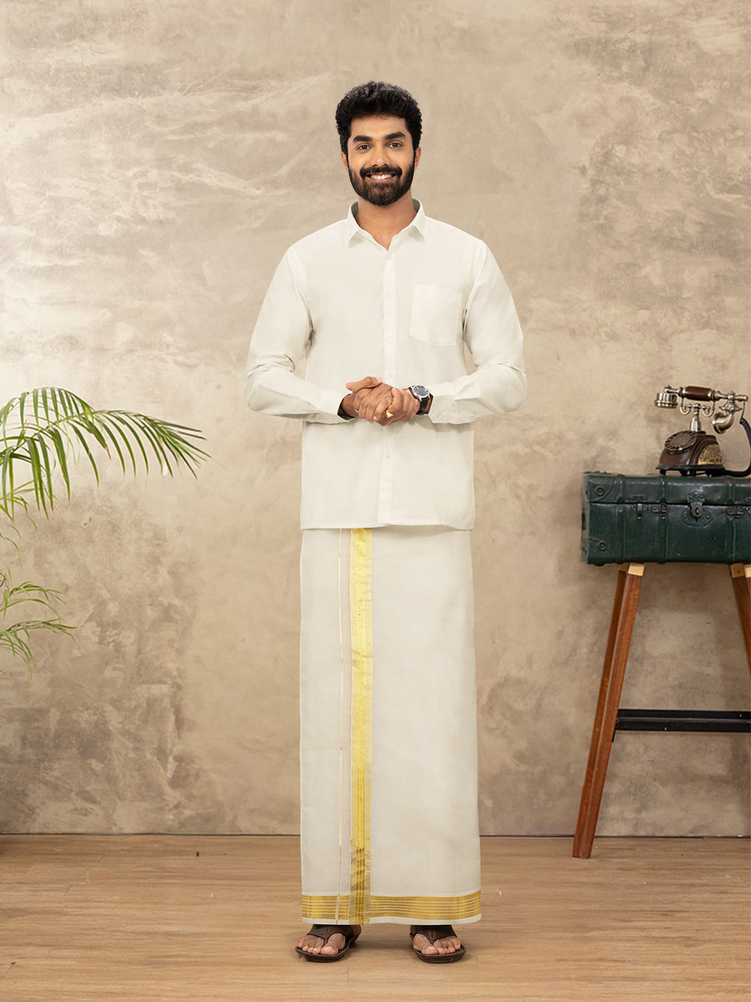 Men Kora Cotton Double Layer Dhoti with Gold Jari Border GC07