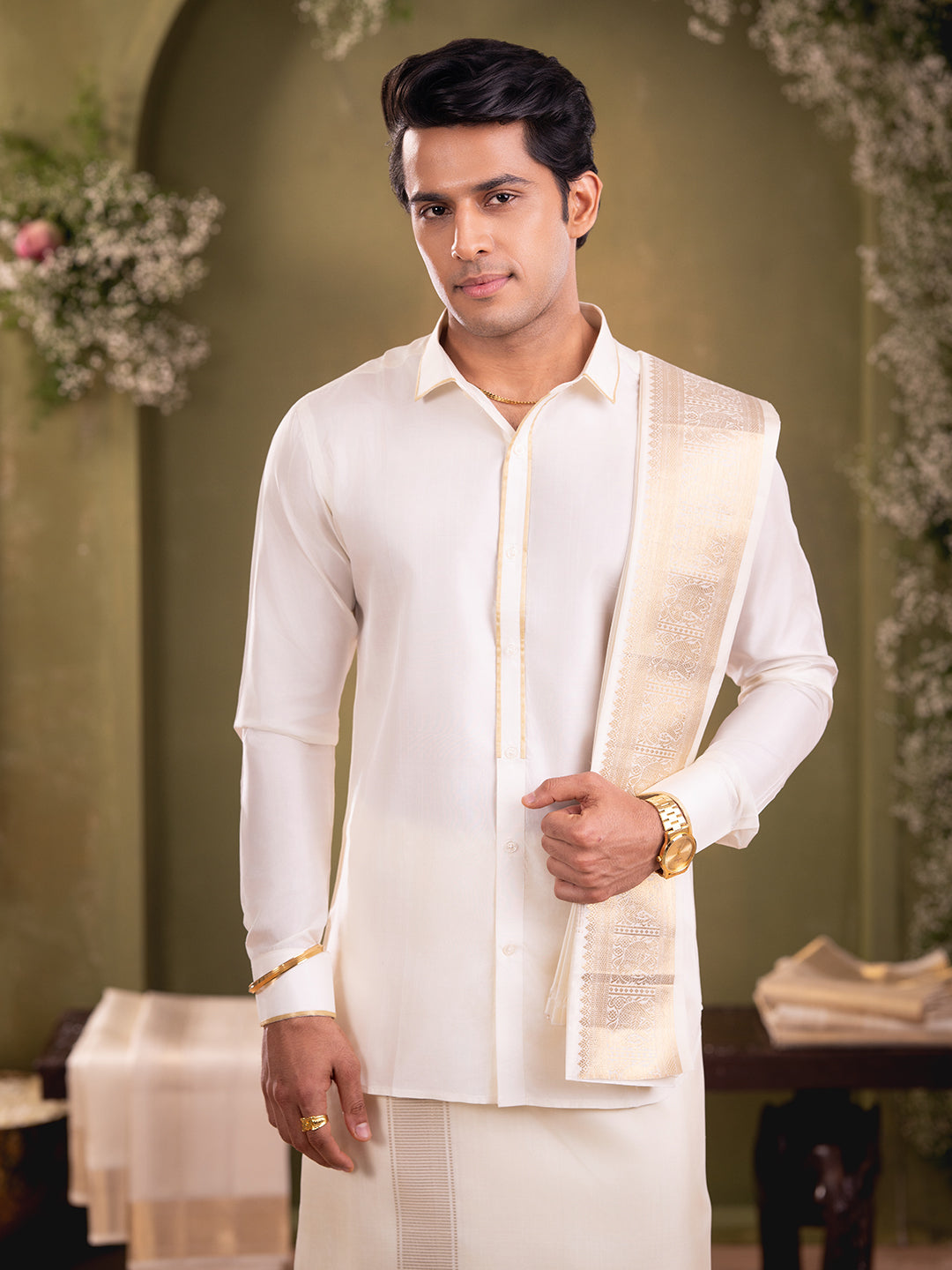 Premium Pure Silk Gold Jari Elephant Design Dhoti Shirting & Towel Set with 5" Jari Border – Rajadharbar