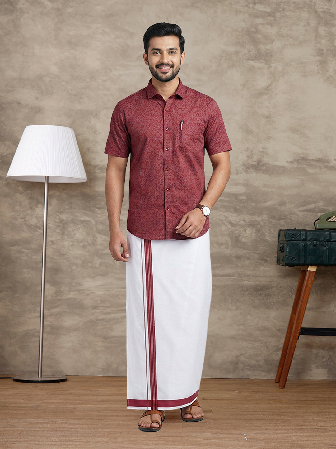 Men Deep Red Matching Border Dhoti With Printed Shirt Set Fusion PS22