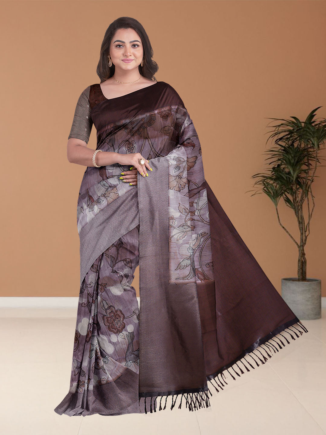 Women Purple Semi Tussar Printed Saree ST258