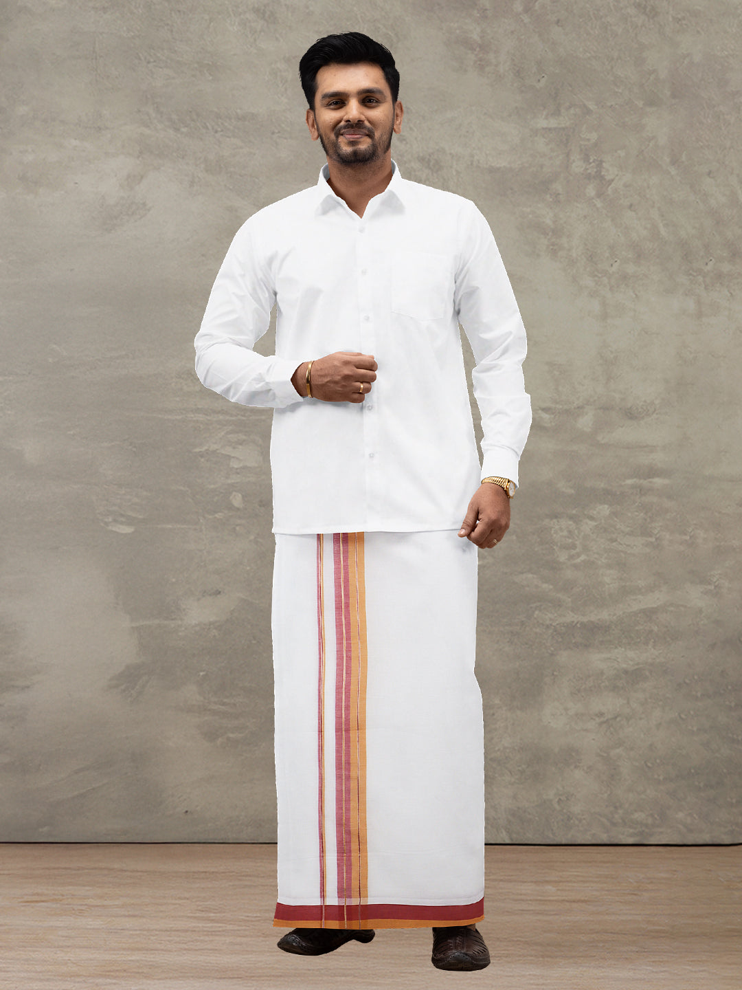 Men 100% Cotton Double Layer White Dhoti with Fancy Jari Border EJF10