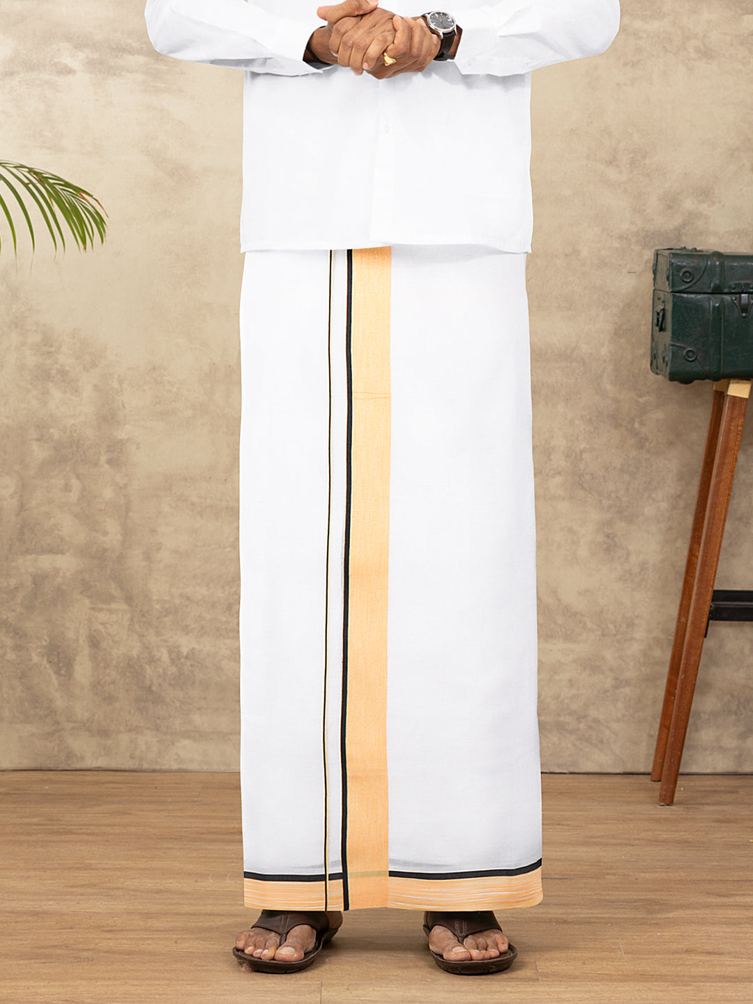 Men 100% Cotton Double Layer White Dhoti with Fancy Border PMF9