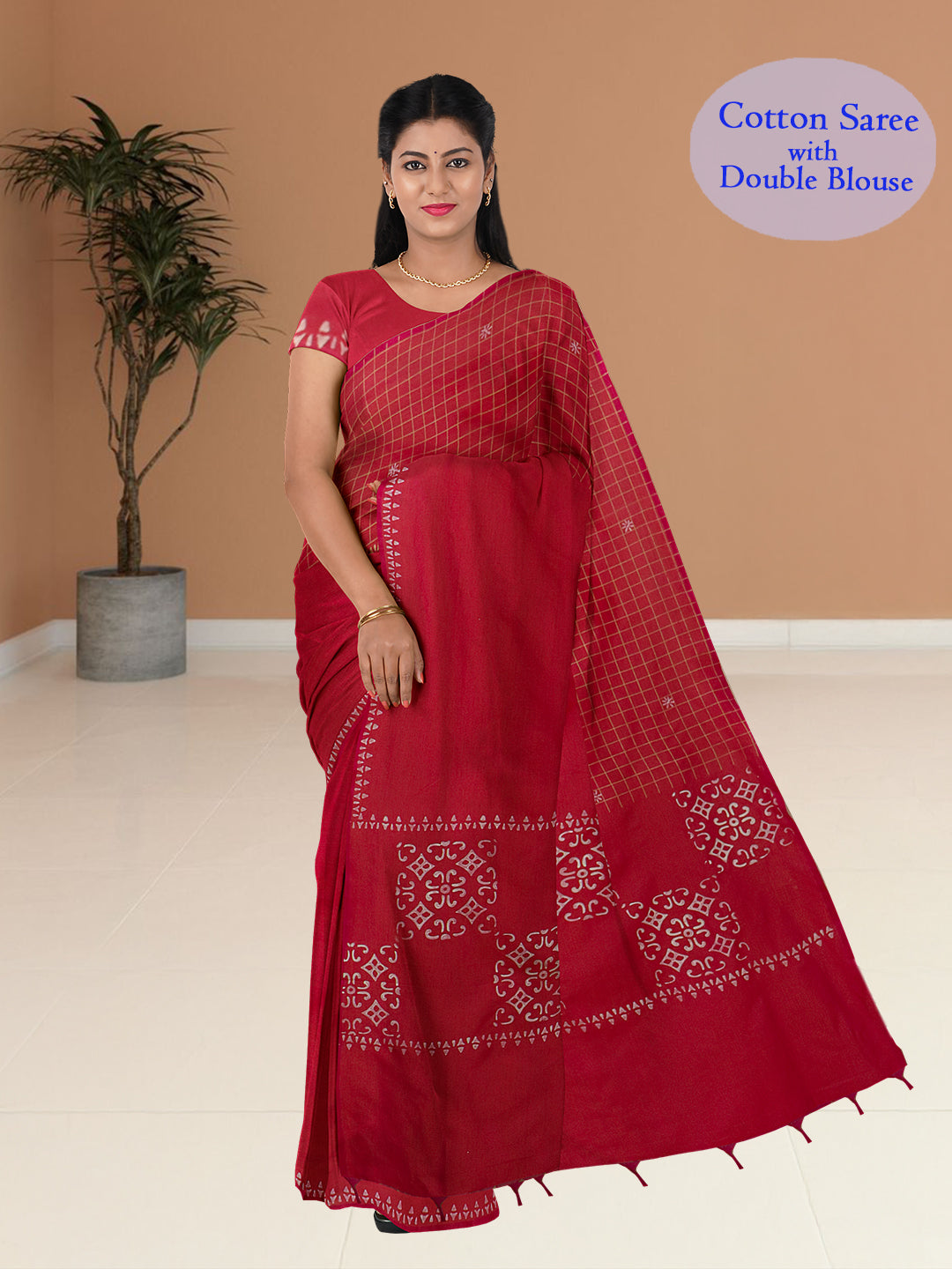 Women Red Cotton Saree with Double Blouse PCS212