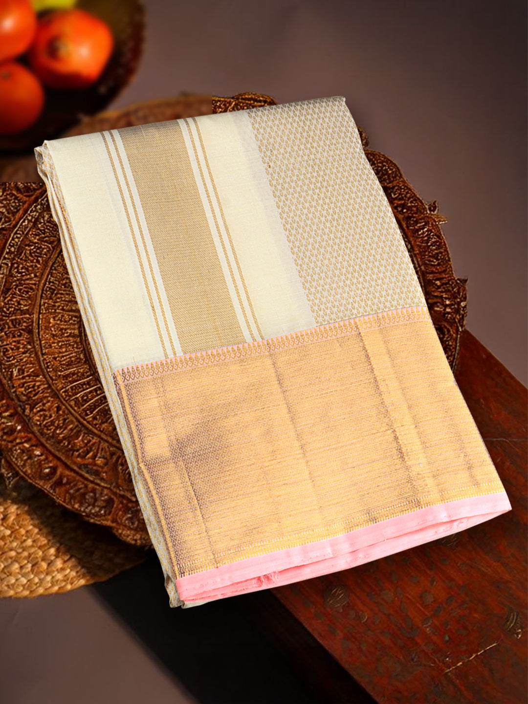 Men Premium Pure Silk Dhoti & Towel Set with 6" inch Gold Jari Border Amirtham AM8