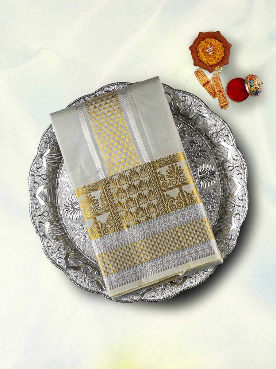 Pure Silk Grey Colour 4" Gold Jari Border Dhoti With Towel Thirukalyan 9+5-view one