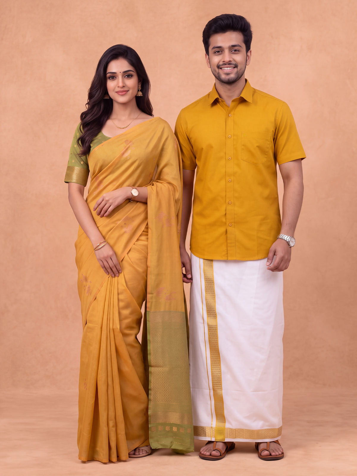 Couple Combo Shirt & Dhoti Set with Saree Mustard SS552