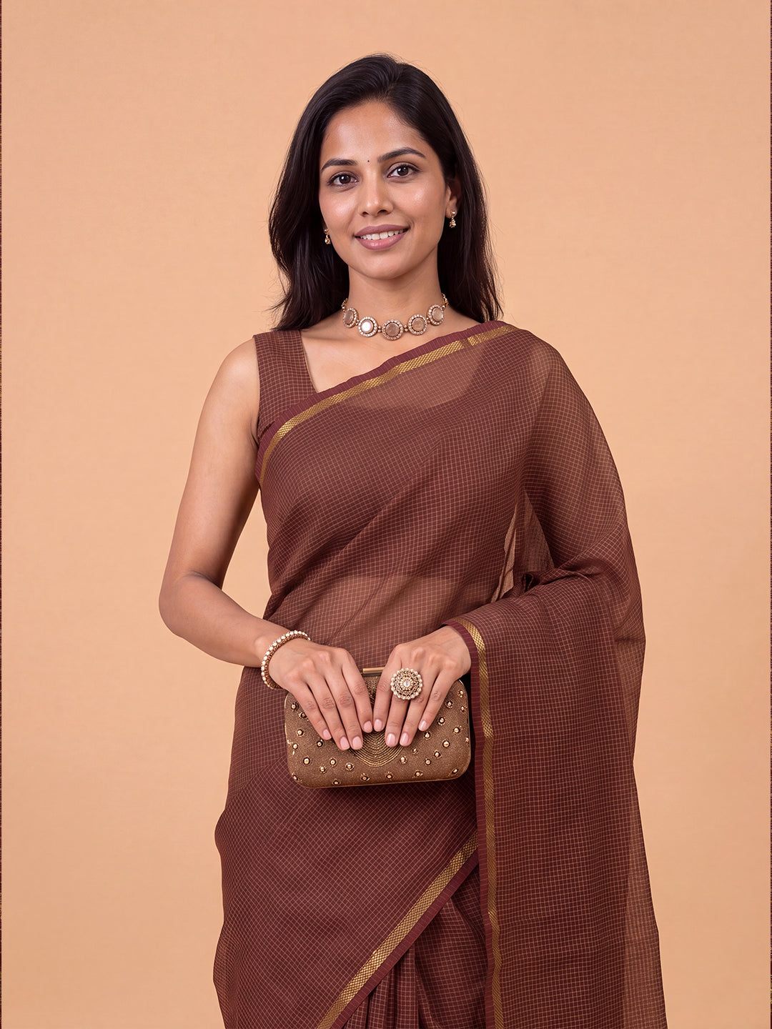 Women Chettinad Cotton Checks Maroon Saree CCS10