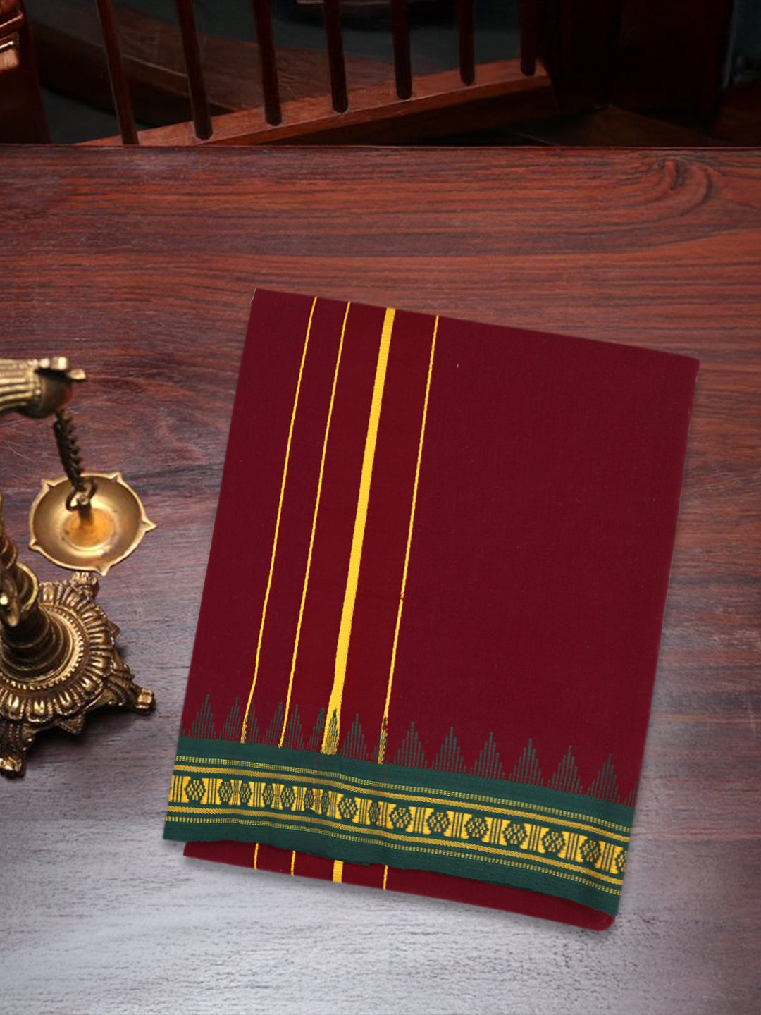 Men 100% Cotton Fancy Border Panchakacham with Angavasthram Maroon(9+5)