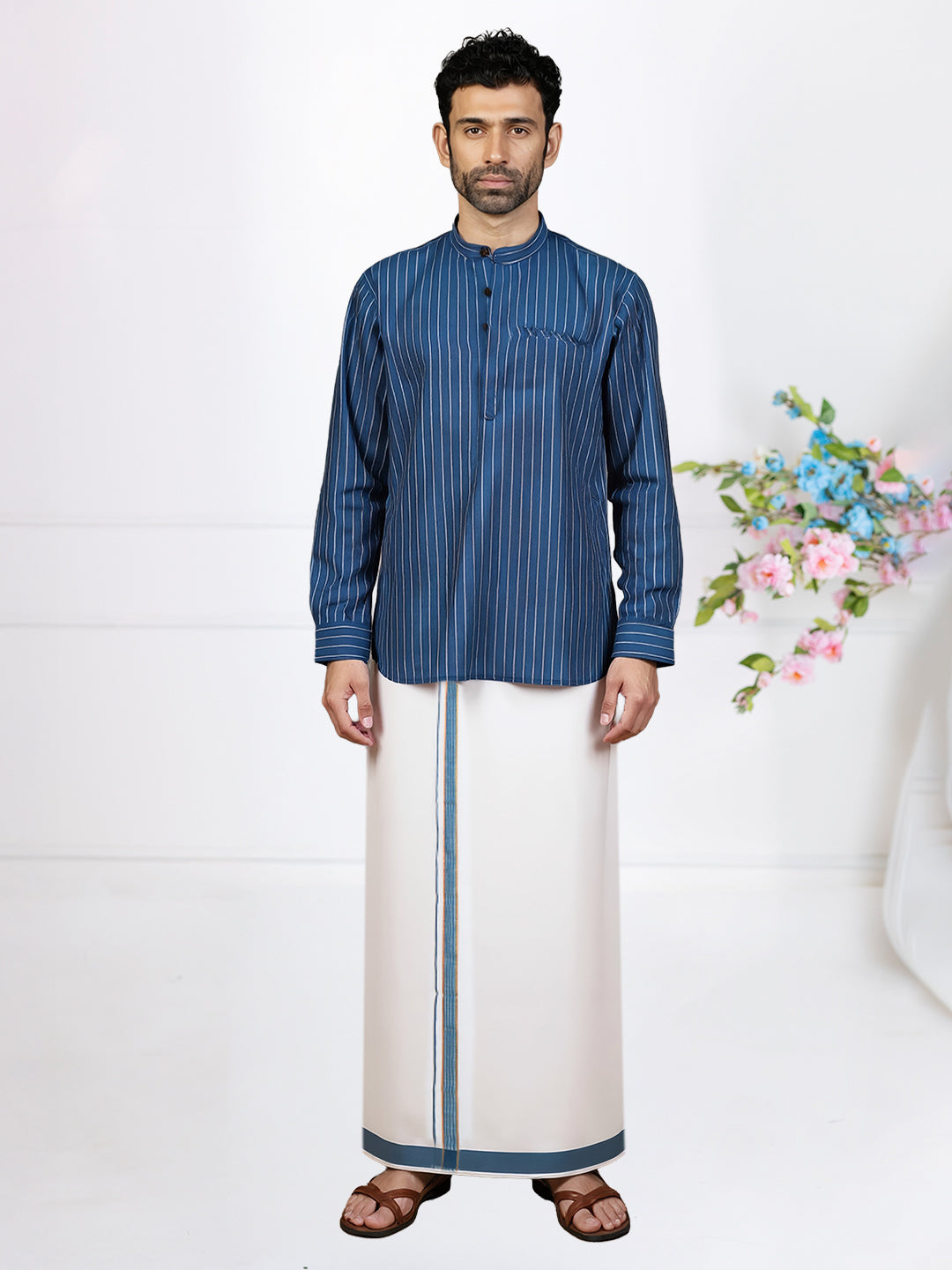 Men Peacock Green Short Length Kurta with Matching Border Dhoti Set RJ52