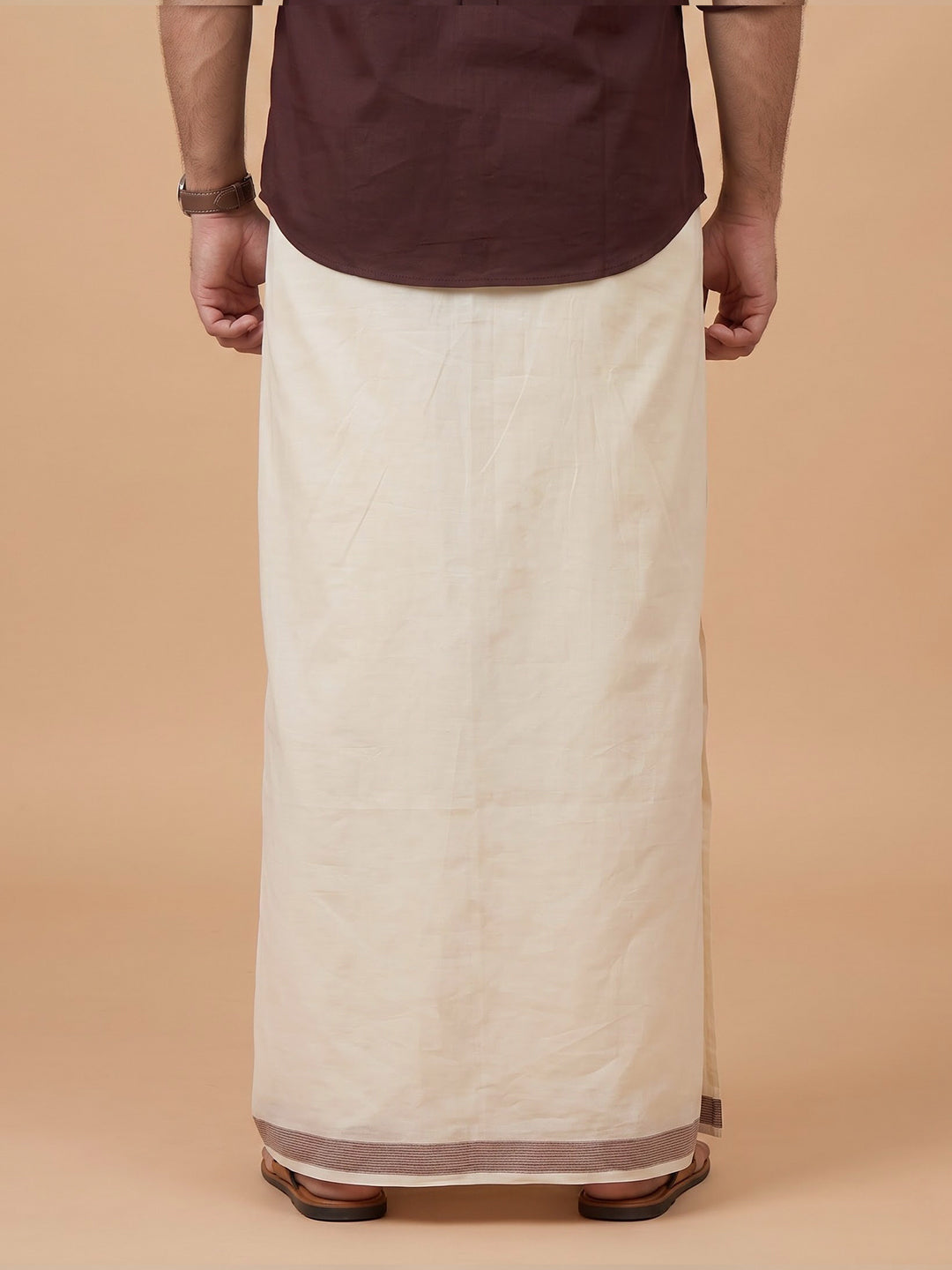 Double Layer Giza Cotton Cream Kora Dhoti with Colour Jari Border - LC54