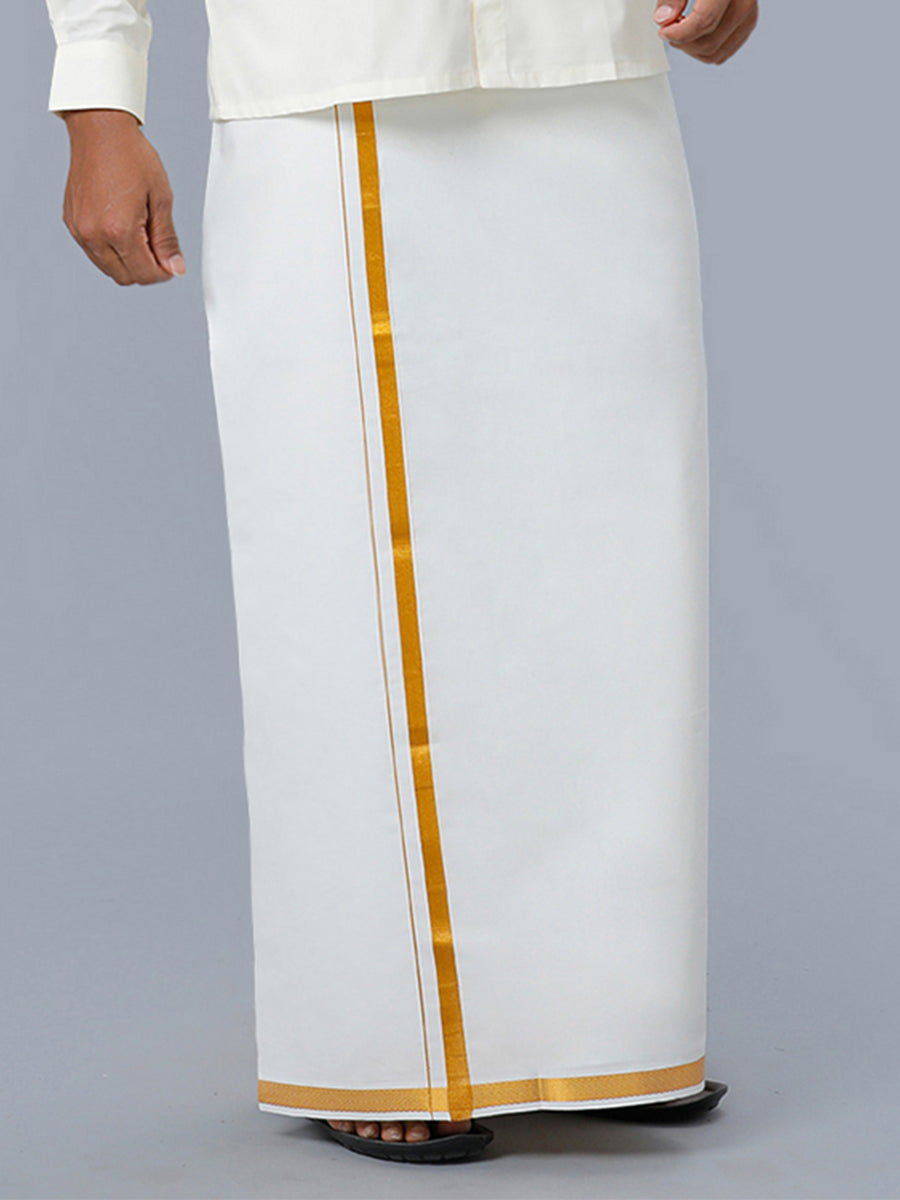 Men 100% Cotton Single Layer Cream Dhoti with 3/4" Gold Jari Border Maestro