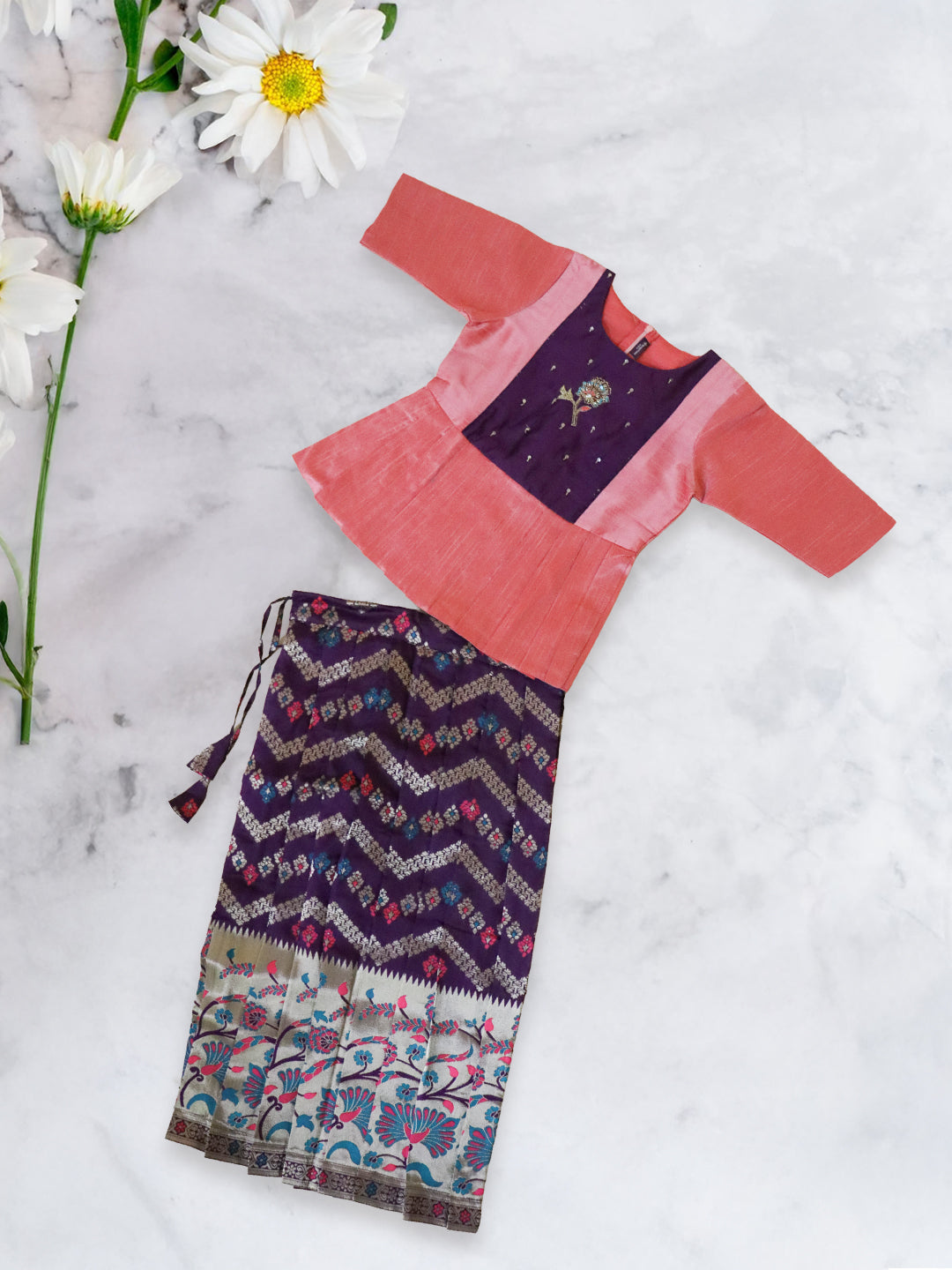 Girls Traditional Silk Cotton Skirt Set Grapewine with Pink GPS24