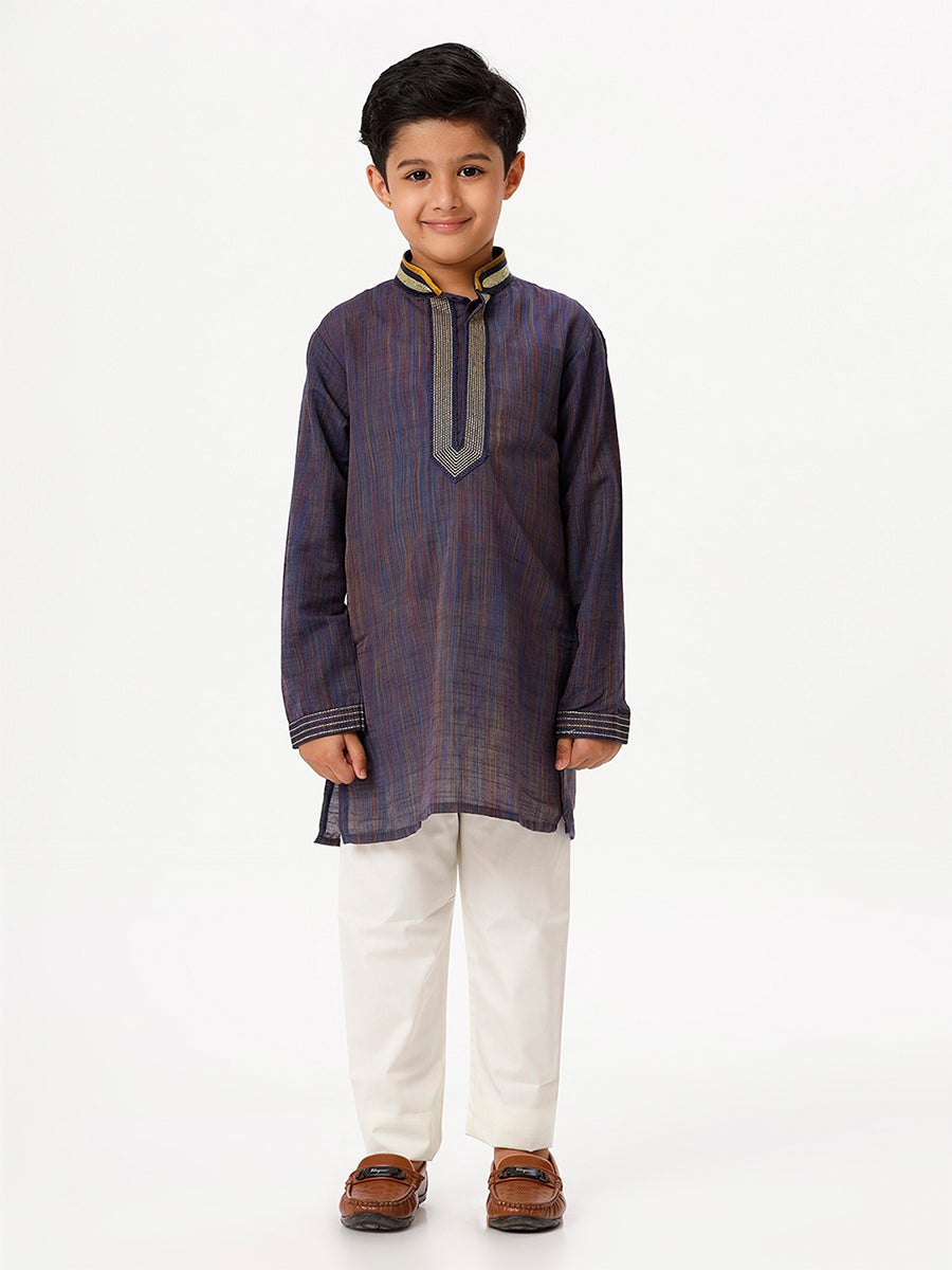 Boys Cotton Embellished Neckline Full Sleeves Navy Blue Kurta-Full view