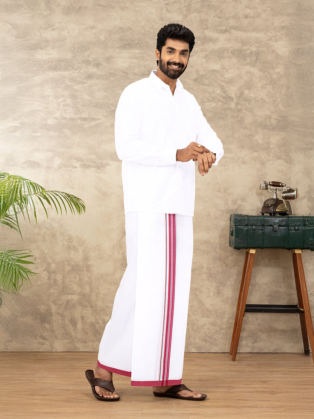 Men Cotton Blend Single Layer White Dhoti with Fancy Jari Border WSF07