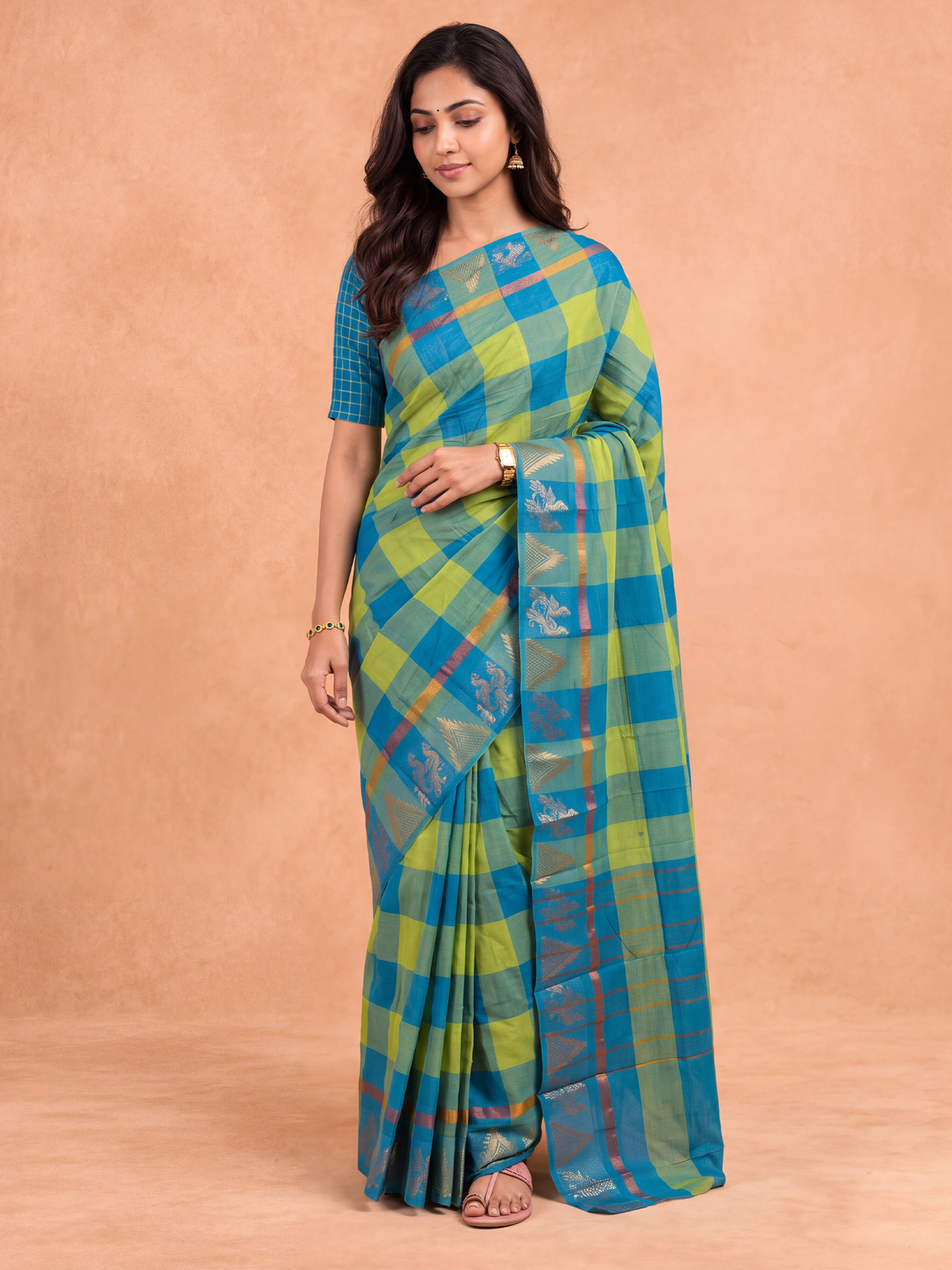Women Chettinad Cotton Blue with Green Saree CCS19