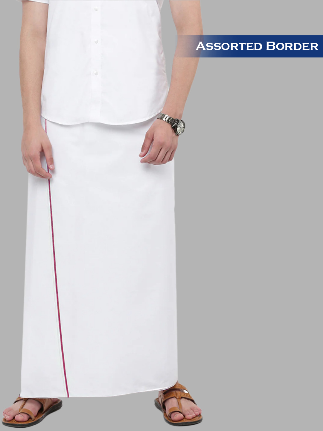 Men 100% Cotton Single Layer White Dhoti with Assorted Border Kovai Cotton Plus