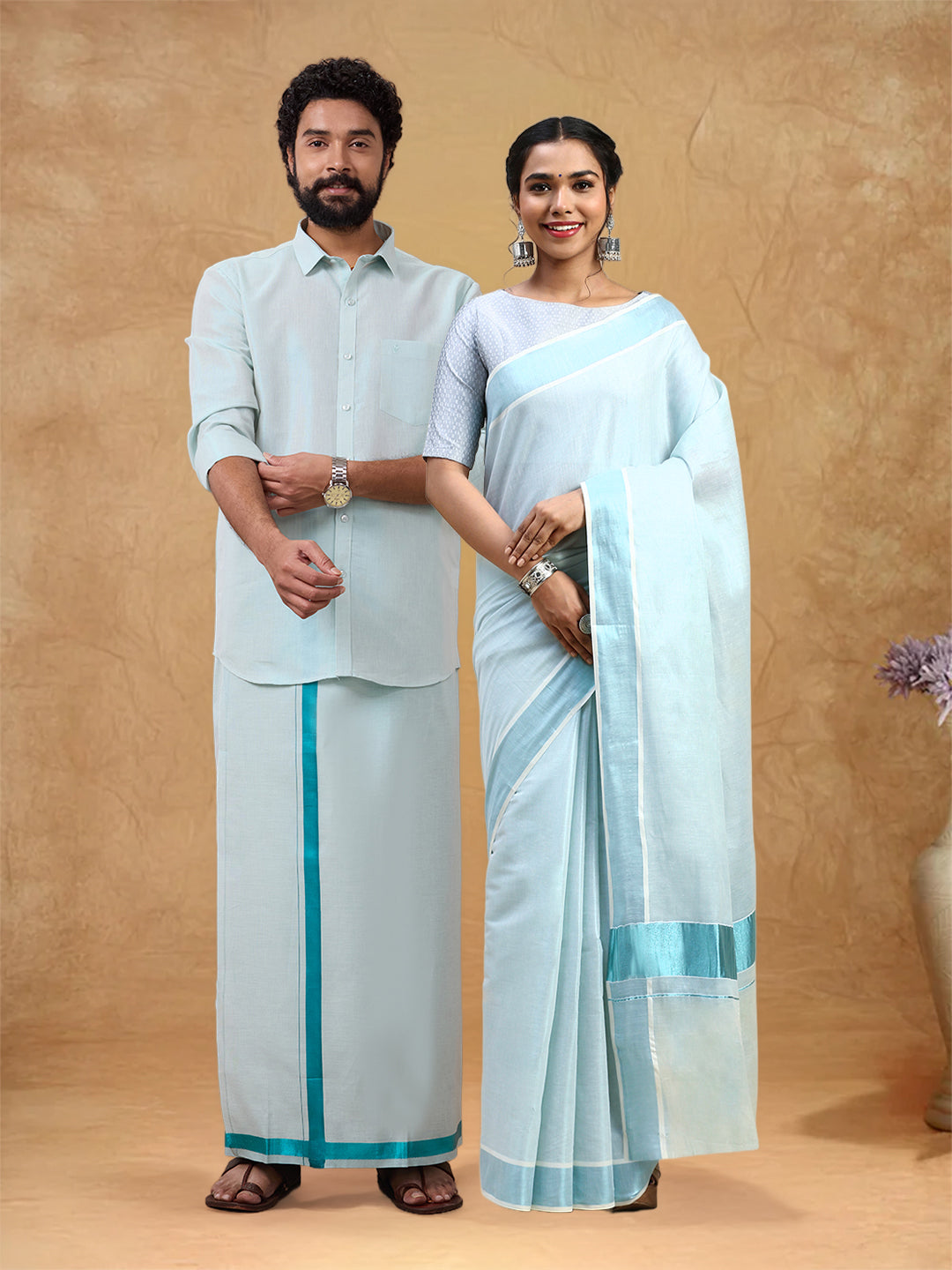 Couple Combo Shirt & Dhoti Set with Saree Ramar Green KS217