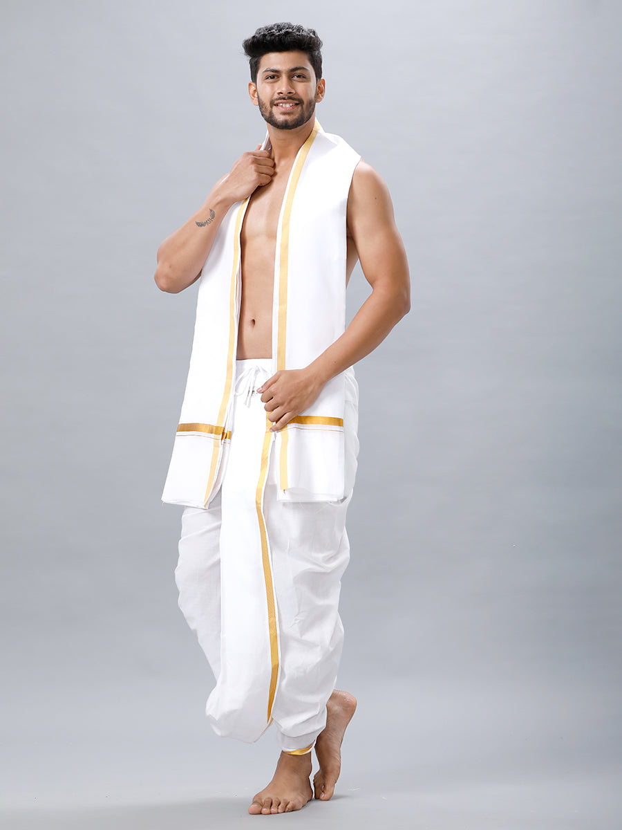 Men's Readymade White Panchakacham & Angavastram with Gold Jari Border Prakaspathi