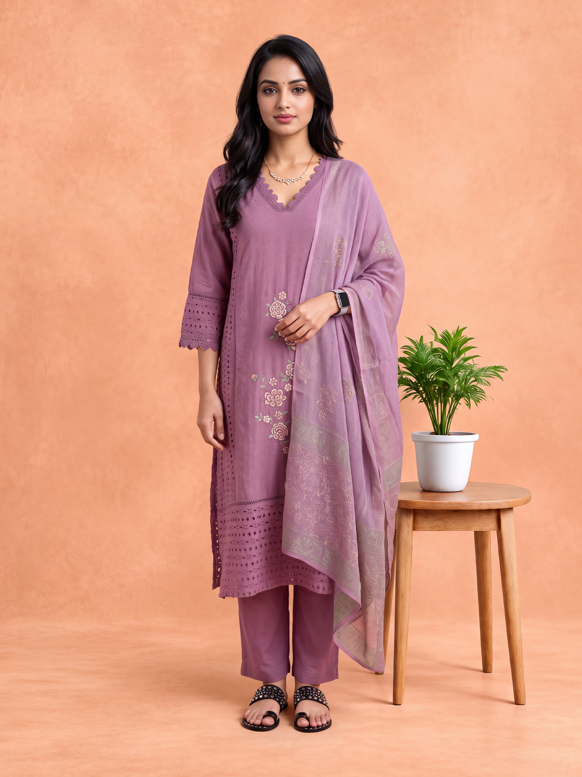 Women Embroidered Purple Kurti Set EKS153