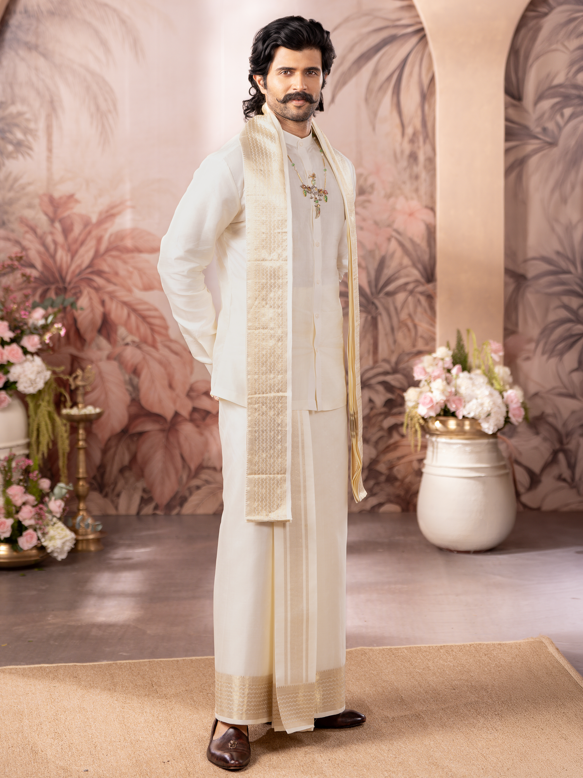 LAGNAA Premium Pure Silk Cream 3X1 Set | Dhoti / Panchakacham, Shirting Fabric & Towel Set | 4-Inch Jari Border | Rajdharbar