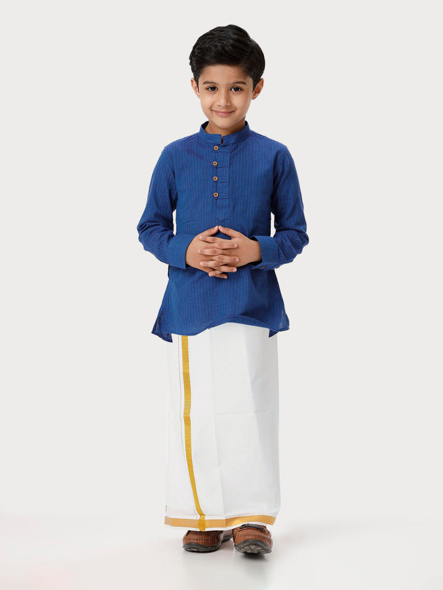 Boys Breeze Cotton Full Sleeves Navy Kurta with Dhoti Combo-Front view