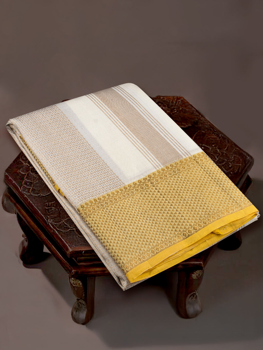 Men Elegant OffWhite Pure Silk Dhoti & Towel Set with 6" inch Gold Jari Border Amirtham AM20