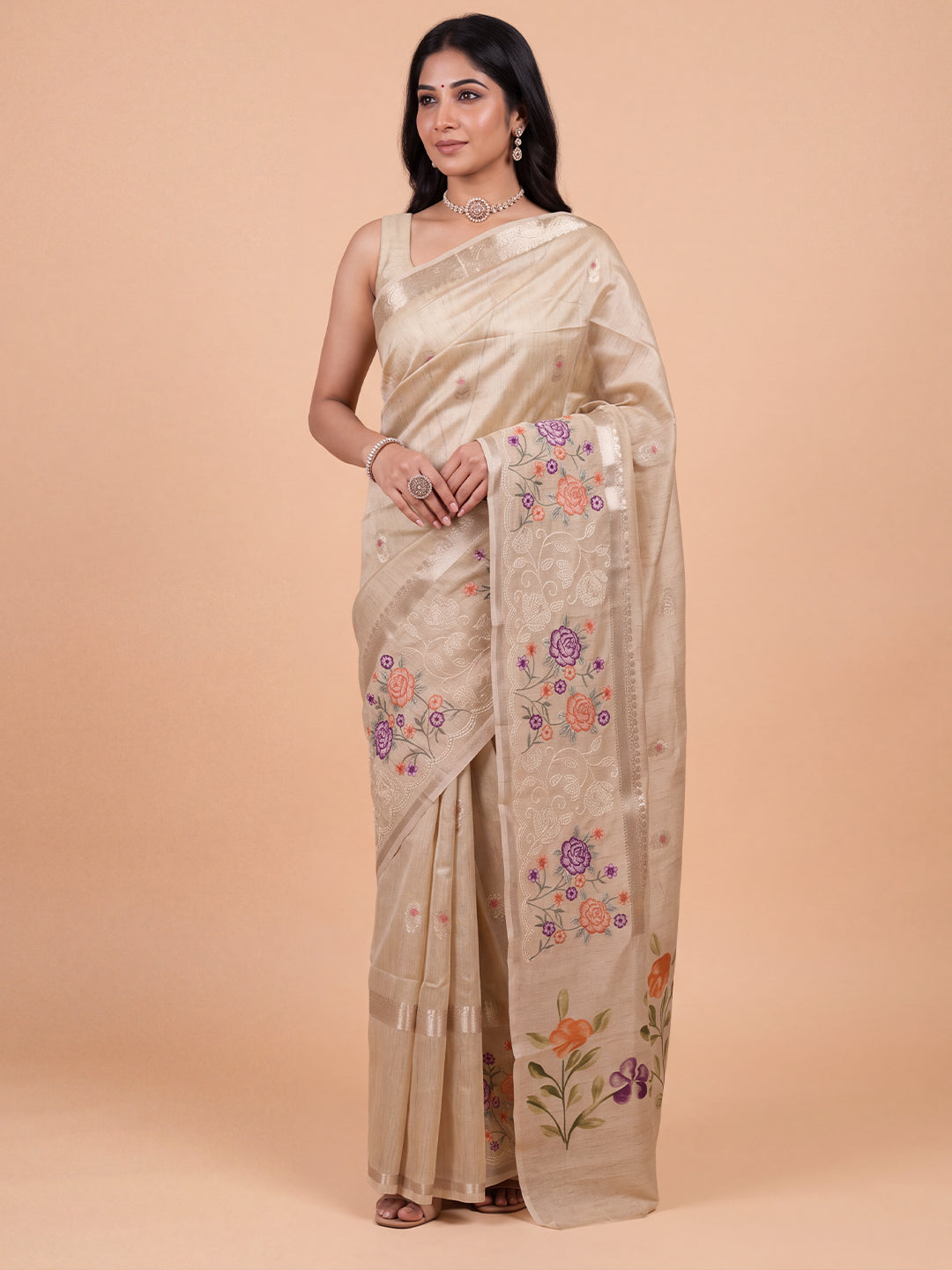 Women Spun Poly Light Brown Fancy Printed Saree FS03