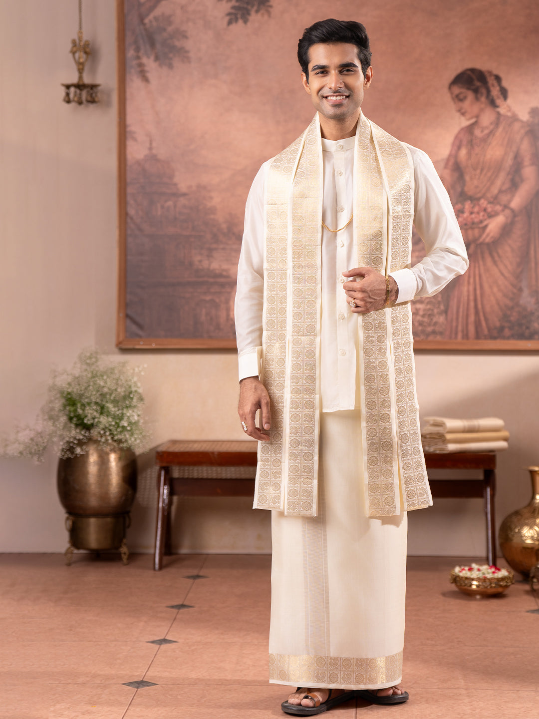 Pure Silk 3" Cream Wedding Dhoti & Towel Set – Amirtham