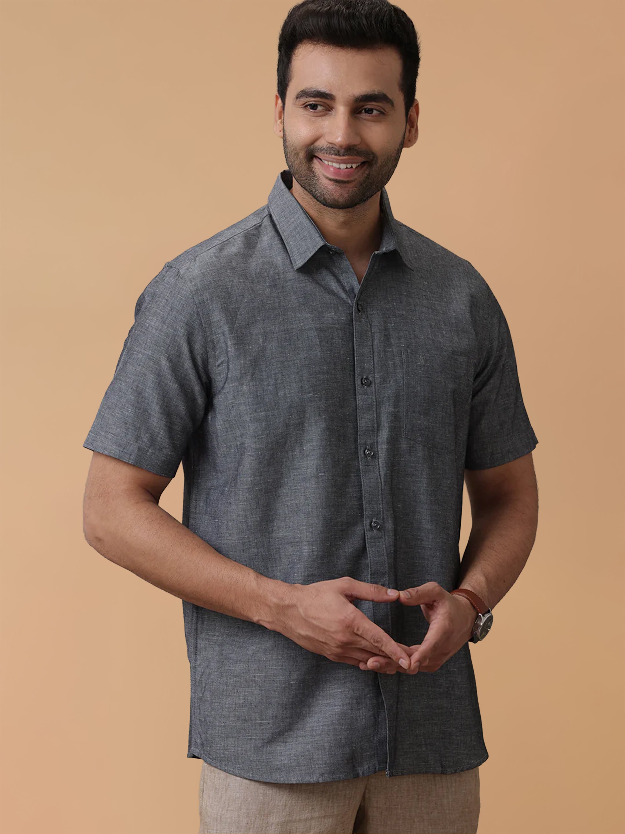 Linen Cotton Grey Regular Fit Shirt LF7