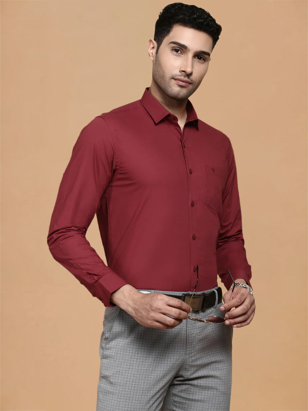 Cotton Spandex Deep Red 2 Way Stretch Smart Fit Shirt LY6
