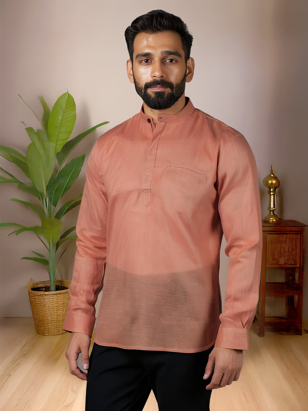 Men Cotton Short Length Self Design Pocket Kurta Peach Saffron RJ43