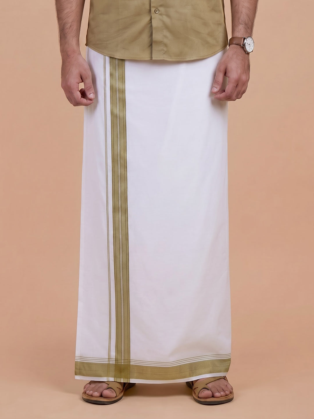 Double Layer Giza Cotton White Dhoti with Colour Border - AGF01