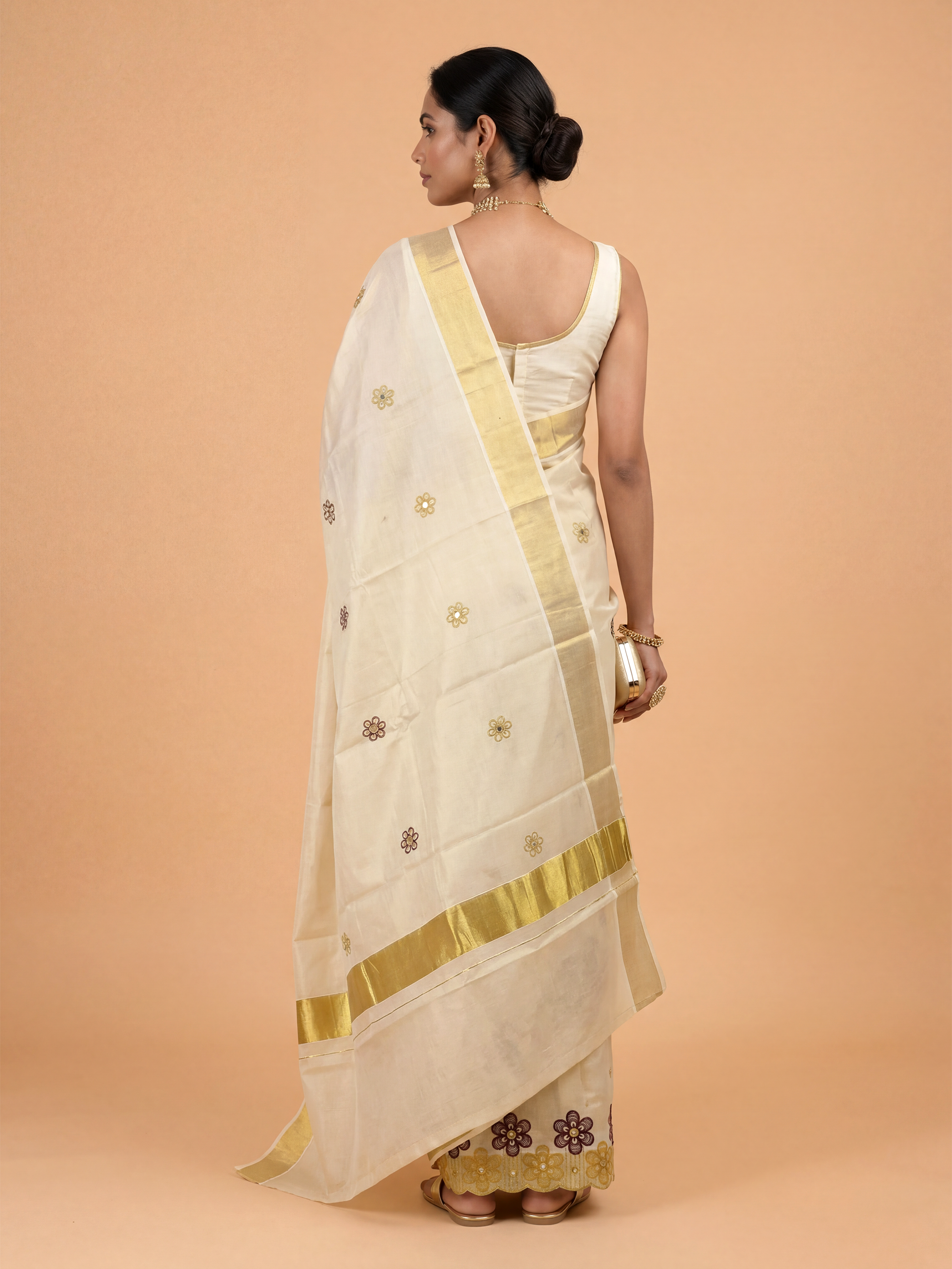 Women Tissue Cream Embroidered Kerala Saree KLS12