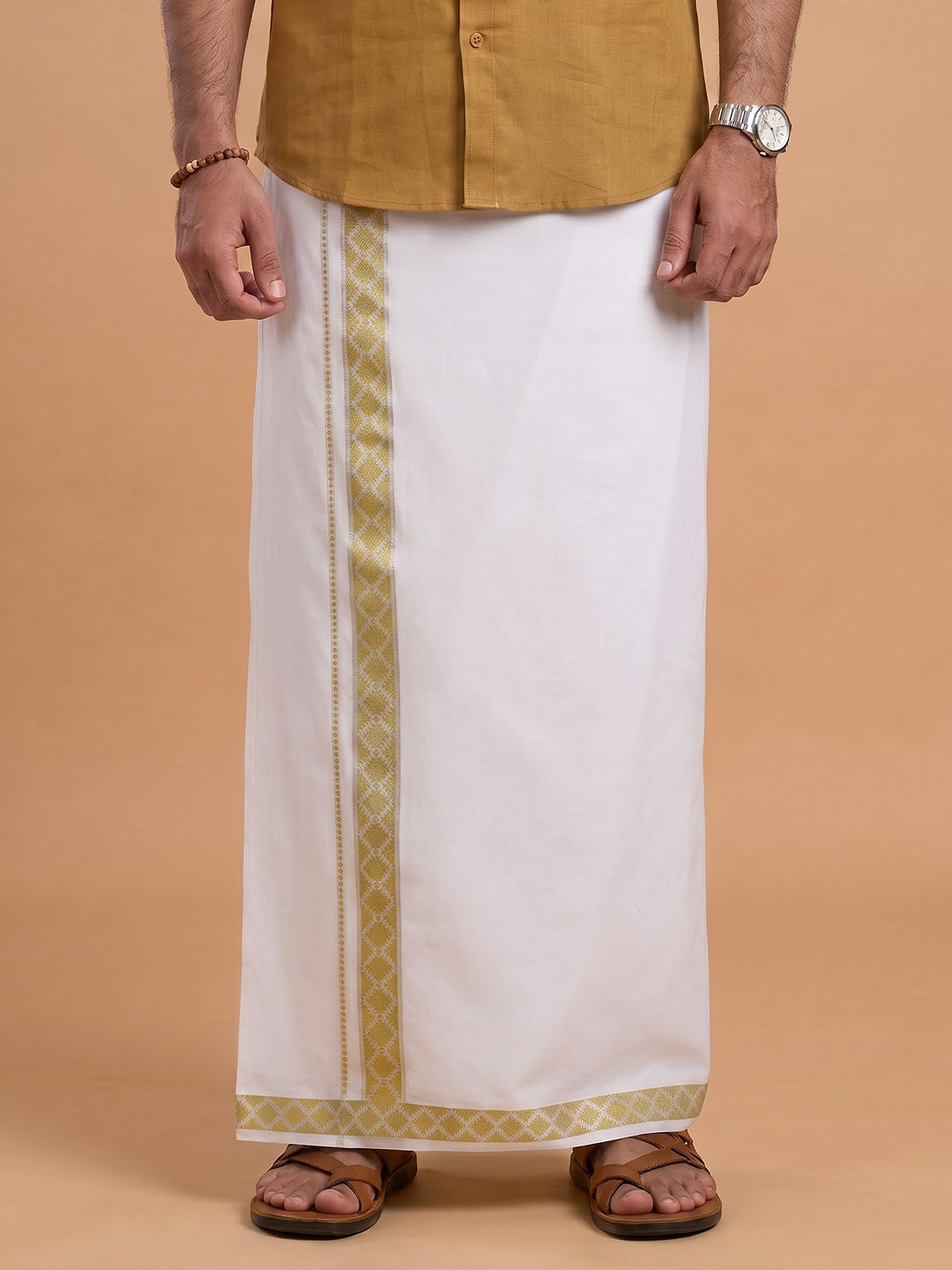Double Layer 100% Cotton White Dhoti with Colour Jari Border - LC48