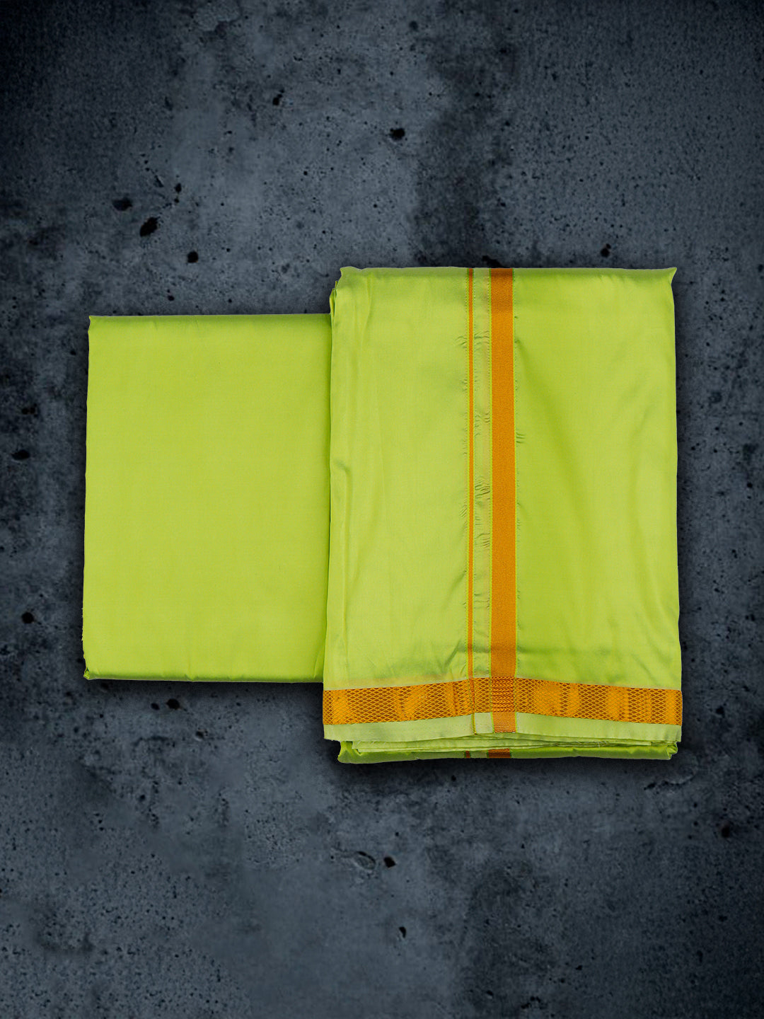 Men Art Silk Parrot Green Shirting & Panchakacham Set with Gold Jari Border 9+5 Ashirwath