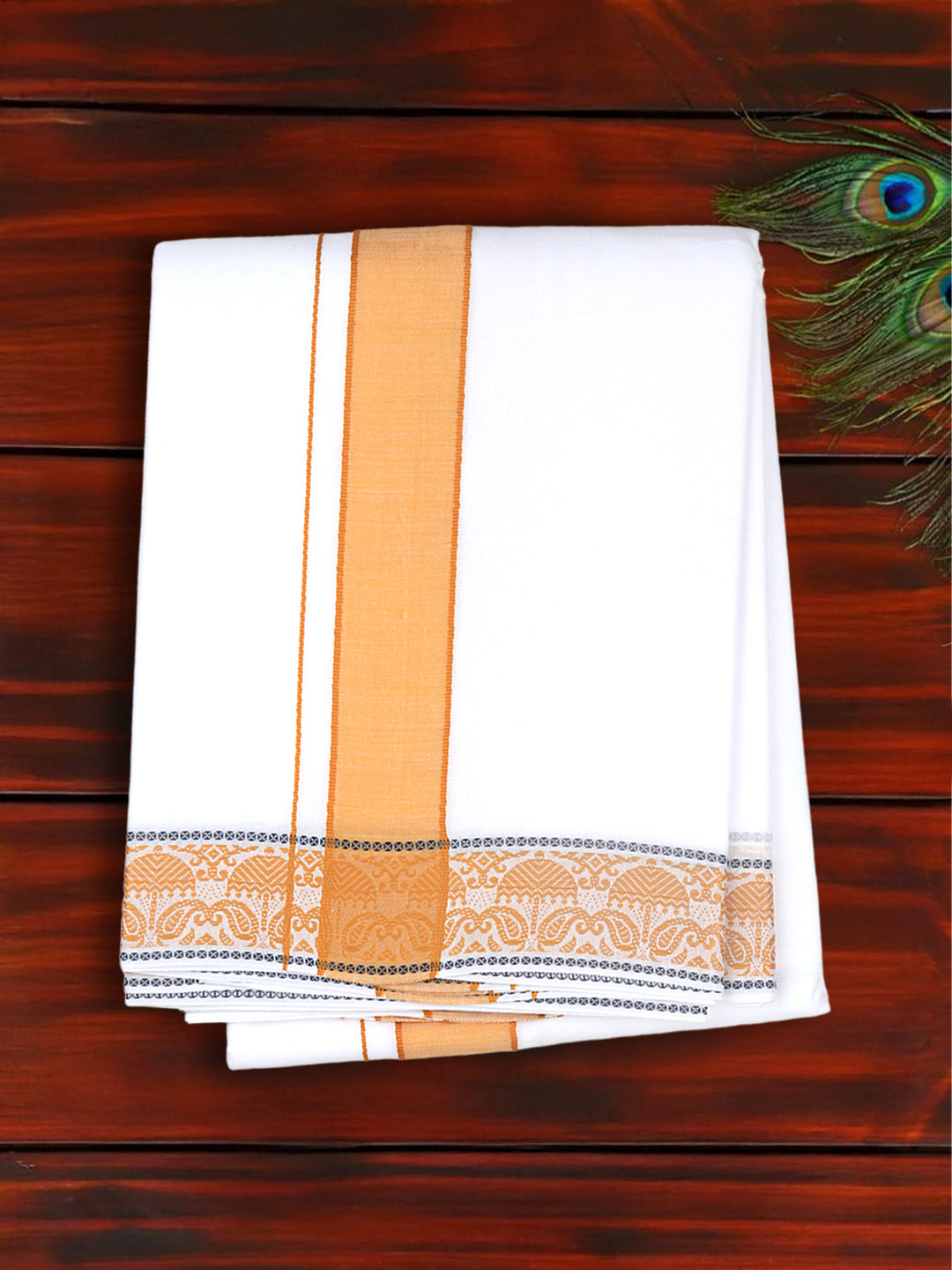 Men Cotton Mustard Fancy Border Panchakacham with Angavasthram Srirasthu(9+5) SR40