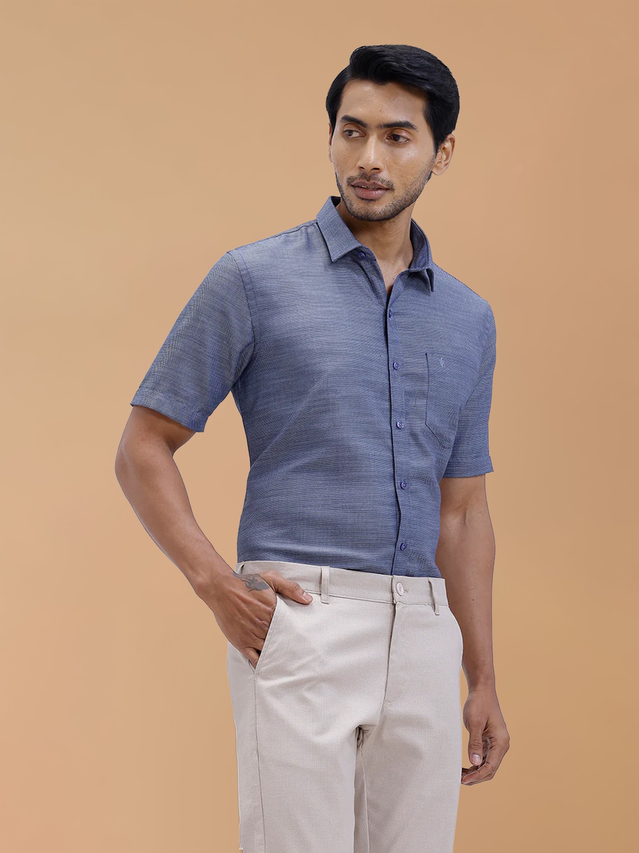 Cotton Rich Blue Dobby Regular Fit Shirt T59 AIT1