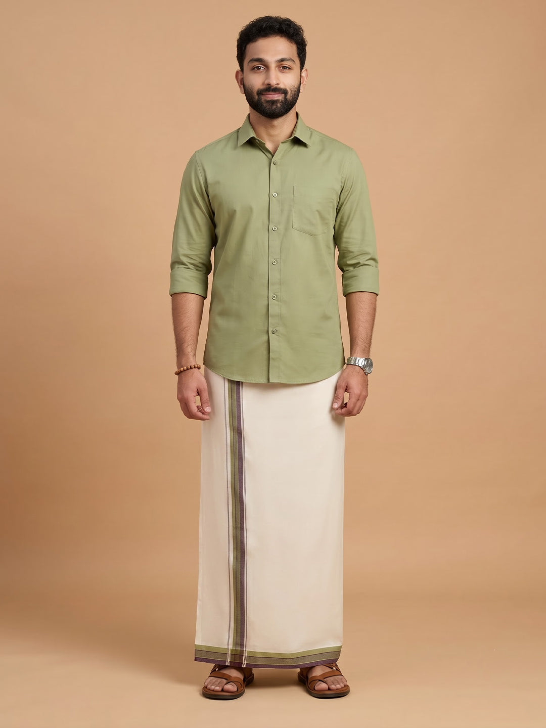 Double Layer Supima Cotton Cream Kora Dhoti with Colour Jari Border - LC43