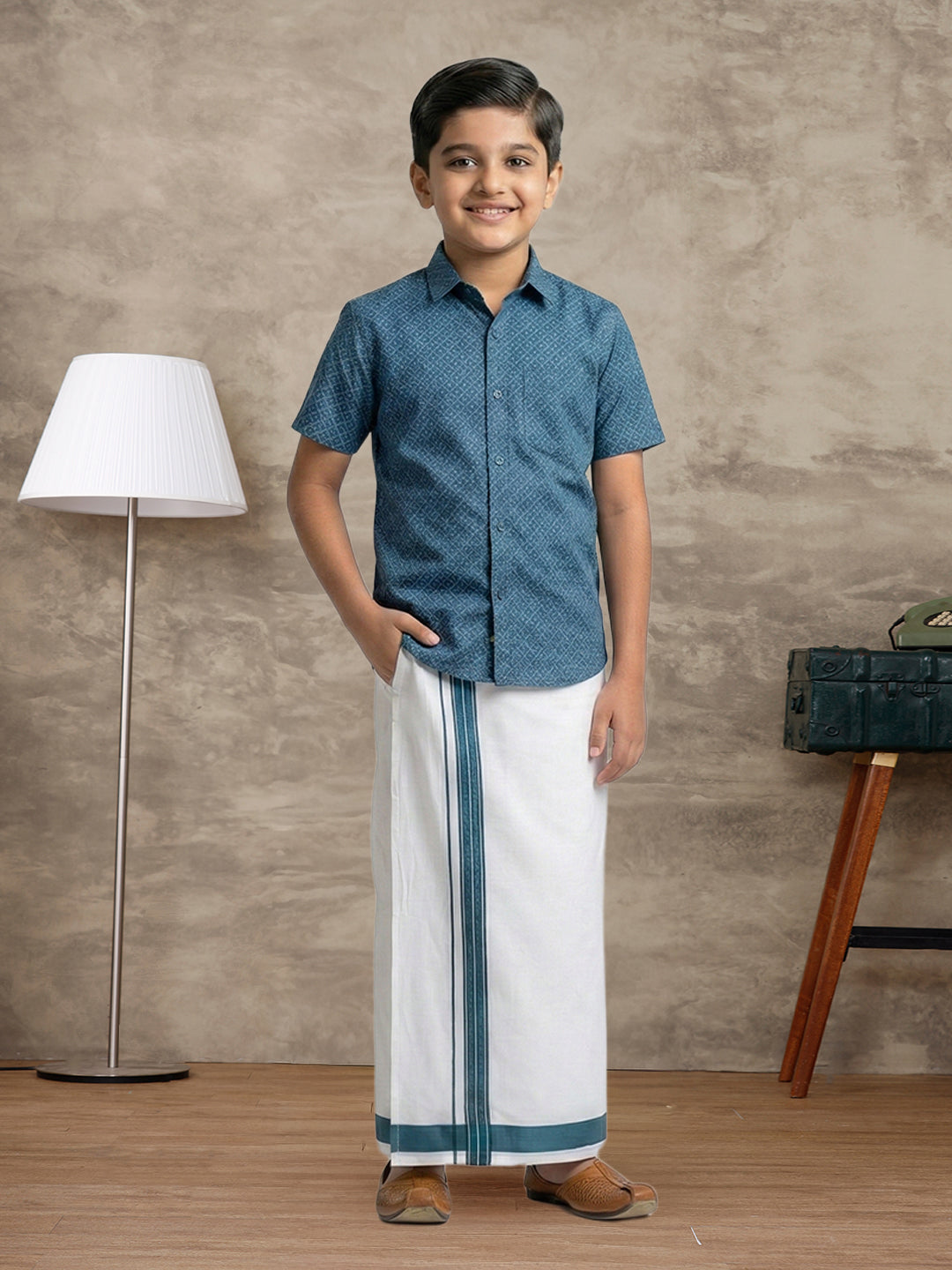 Boys Teal Blue Matching Border Dhoti With Printed Shirt Set Fusion PS27