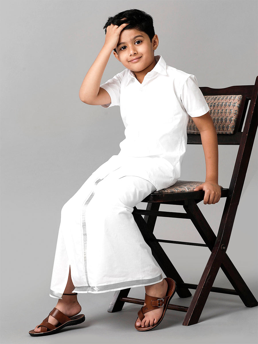 Boys Readymade  Single Layer White Dhoti With Silver Jari Border