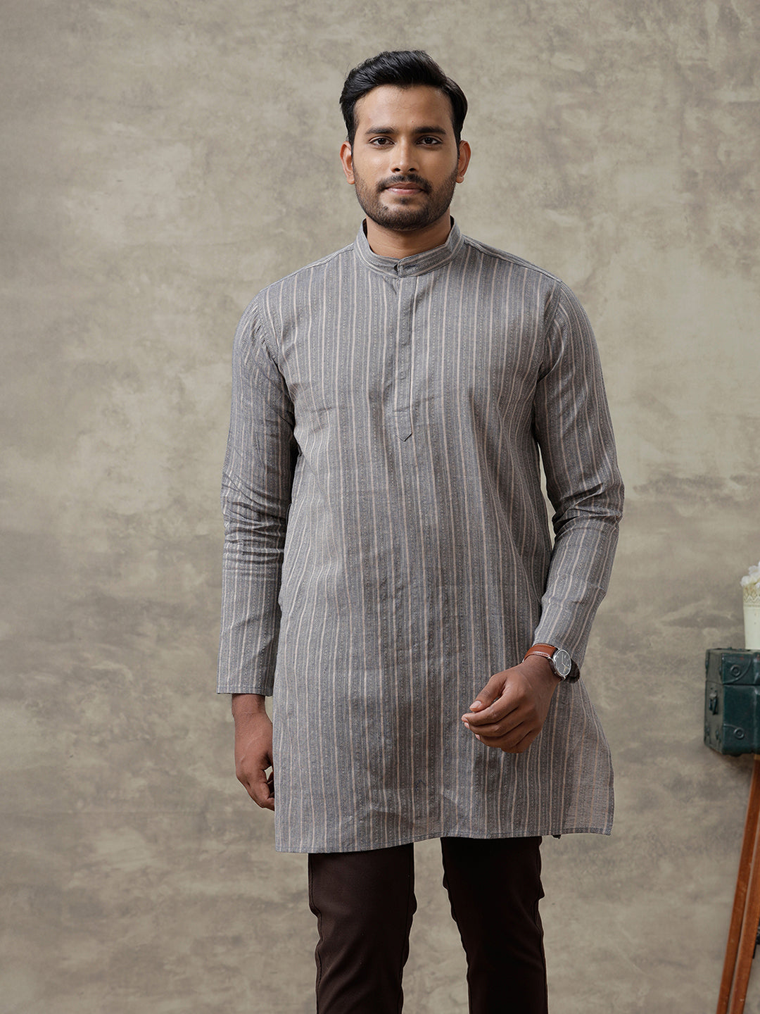 Men Cotton Medium Length Striped Pocket Kurta Brownish Blue RH14