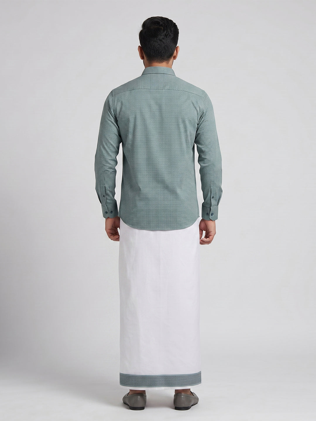 Men Seafoam Green Matching Border Dhoti With Printed Shirt Set Windsor HNJ3