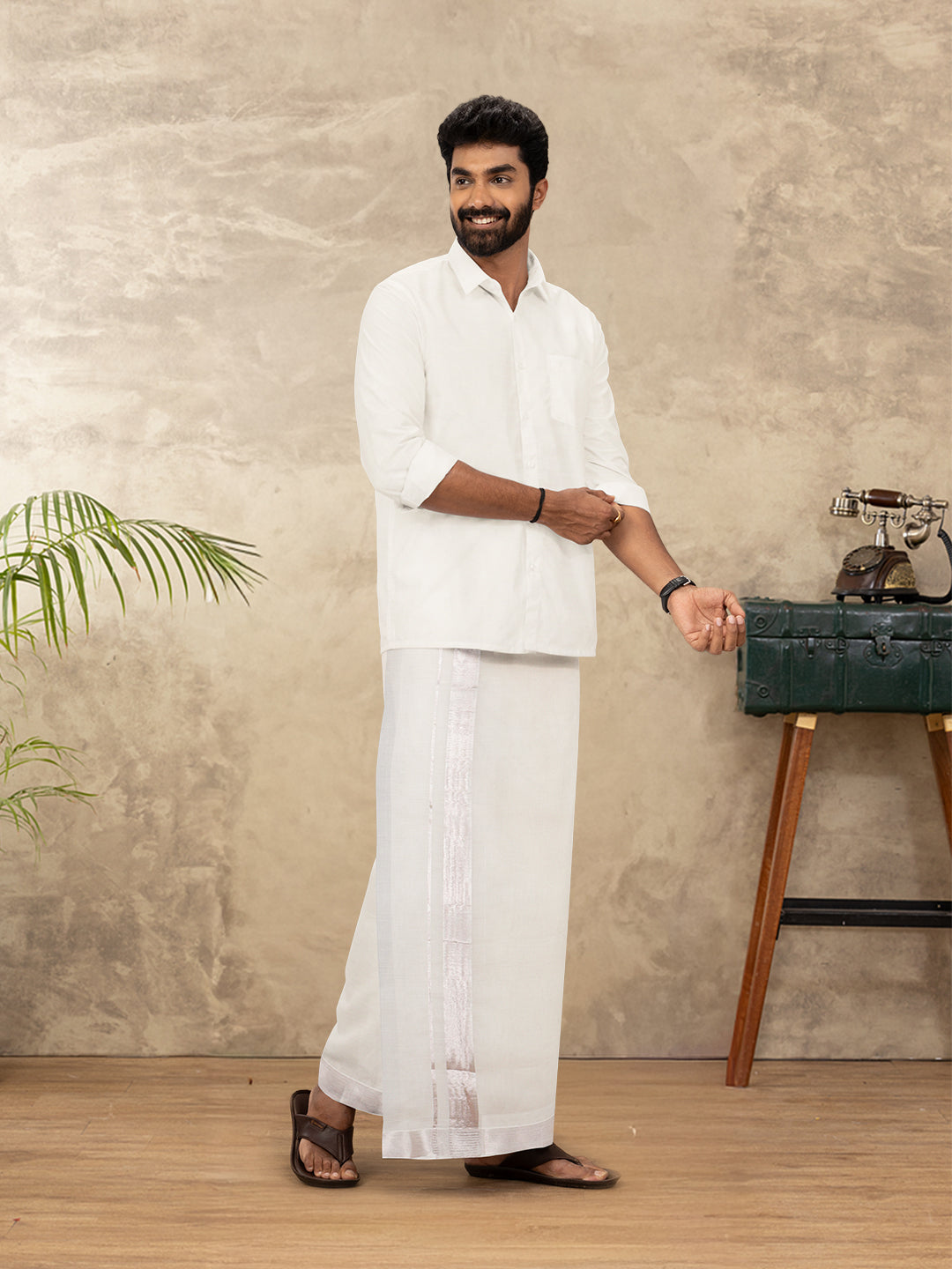 Men Kora Cotton Double Layer Dhoti with Silver Jari Border